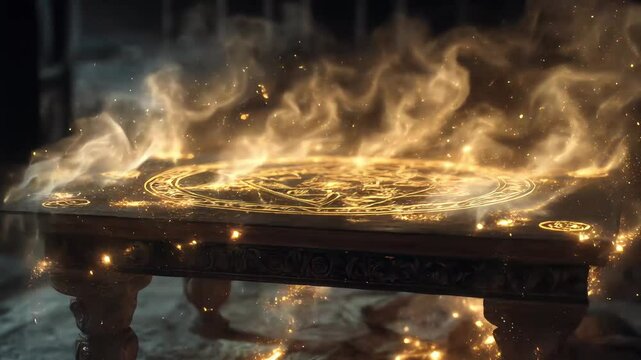 Enchanted table emits golden runes and sparks in ancient chamber. Table shines with sacred codes beyond human knowledge. Table channels forgotten magic through divine language.