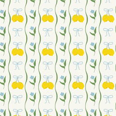 Floral seamless pattern with hand drawn lemons, bow, wavy stripes and garden flowers. Summer cottage core print design for fabric, wrapping paper, prints, artworks.
