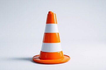 A vibrant orange and white traffic cone stands against a minimalist white background.  Its bright colors pop against the clean backdrop.