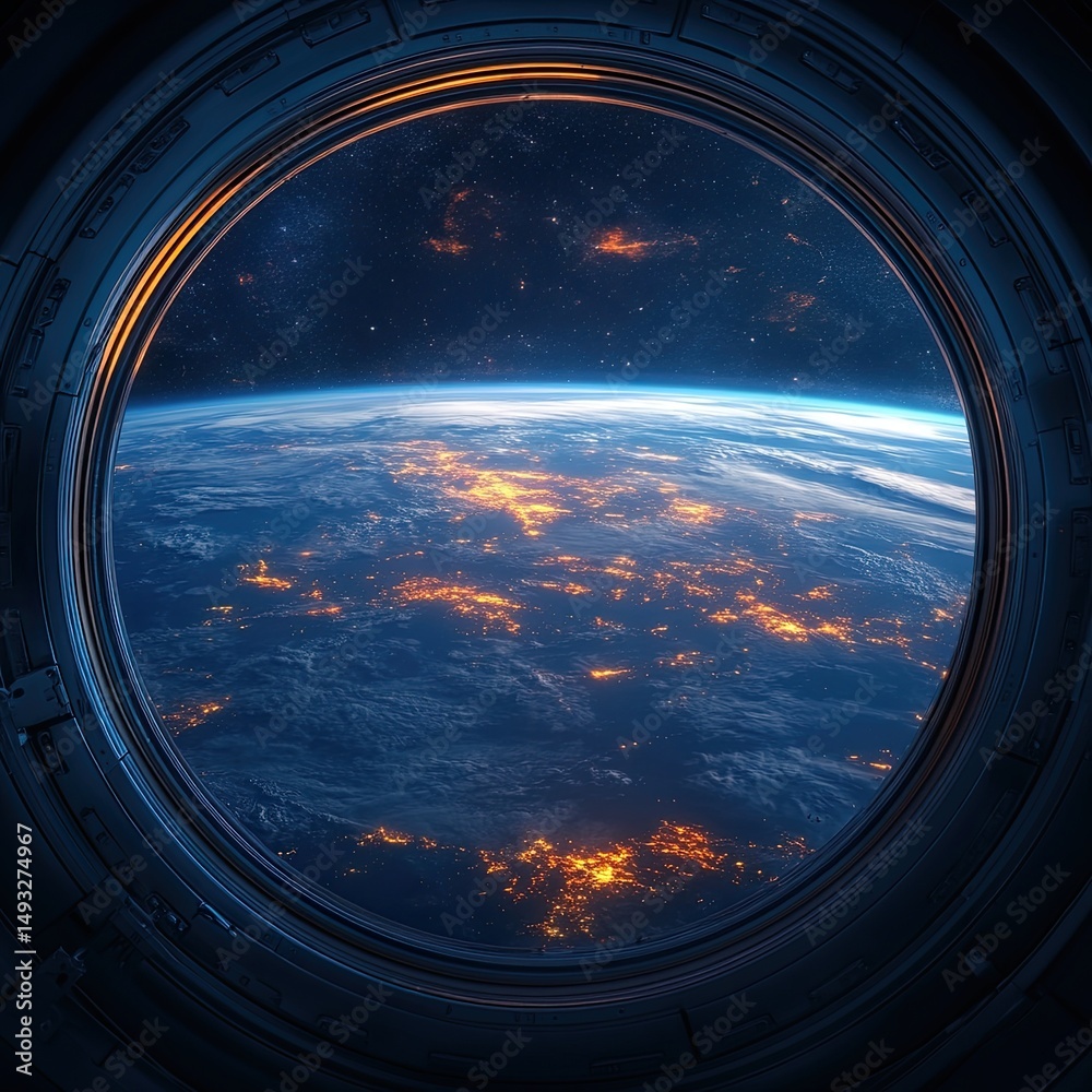 Wall mural view from the window to the planet earth from the space station. large window. 3d rendering