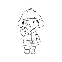 Line handrwan black and white coloring book. Kids wearing fire fighter doodles element