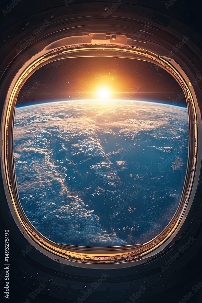 Wall mural view from the window to the planet earth from the space station. large window. 3d rendering