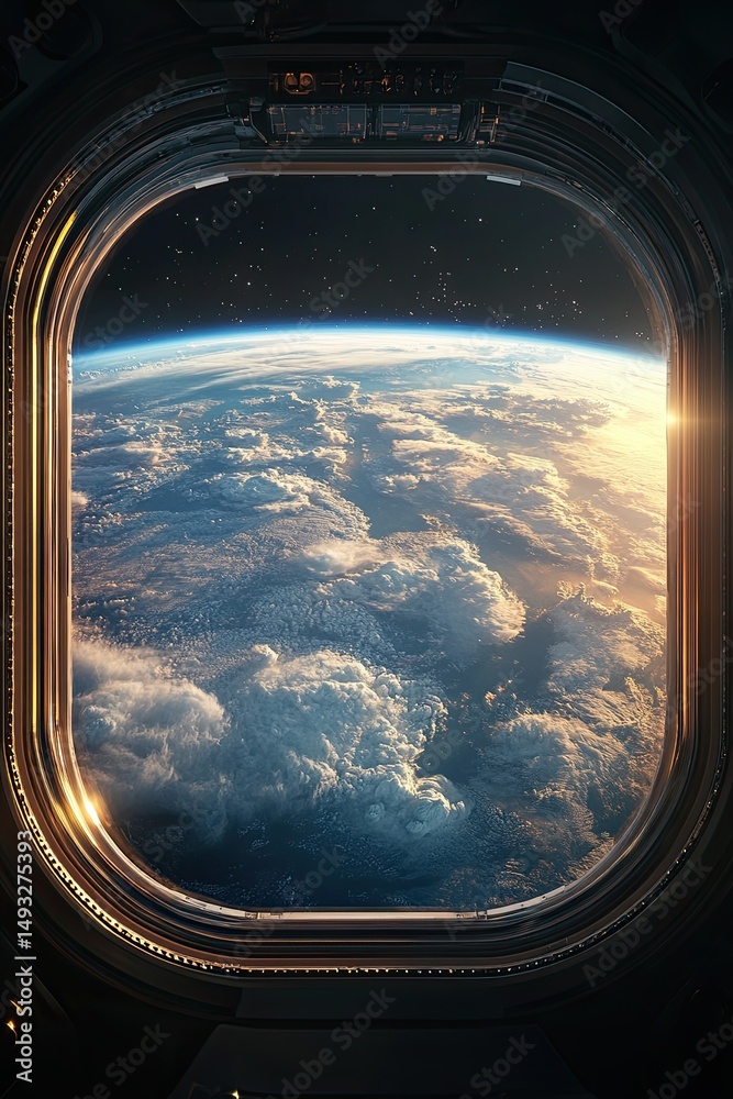 Wall mural view from the window to the planet earth from the space station. large window. 3d rendering