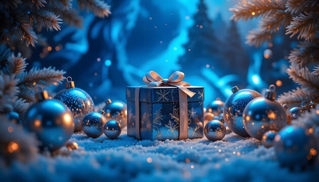 Gift amidst glistening blue holiday ornaments