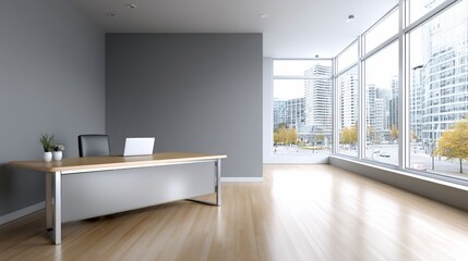 Fototapeta premium Modern office interior with desk, chairs, plants, and a city view through large windows