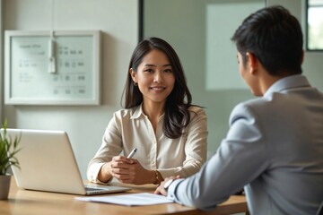 Fototapeta premium East Asian Female Small Business Owner in Her 30s Meeting Development Agency for Funding in Office
