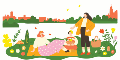 Naklejka premium A family enjoys a leisurely picnic in a vibrant park setting, relishing the outdoors and each other's company with colorful elements.