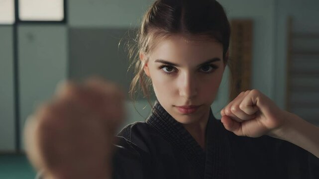Determined Young Woman in Black Kimono Preparing to Fight in a Training Studio With Natural Light and Focused Expression