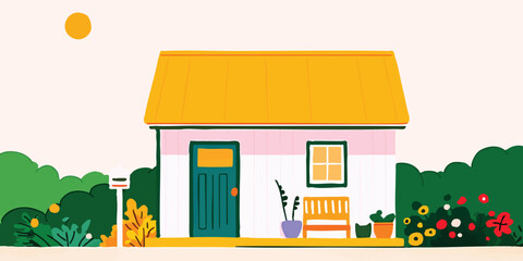 An illustrative portrayal of a charming house surrounded by a vibrant garden, under a sunny sky. This artwork captures the essence of home and the beauty of nature.