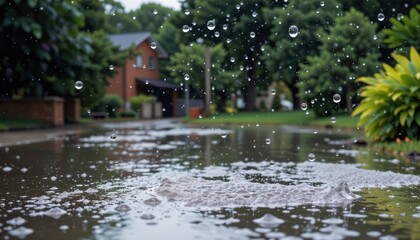 create a image depicting raindrops falling on a wet, damp surface, the subject should be positioned on the right side of the frame with ample copy space on the left for text placement