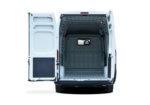 Delivery van with open rear and side doors.