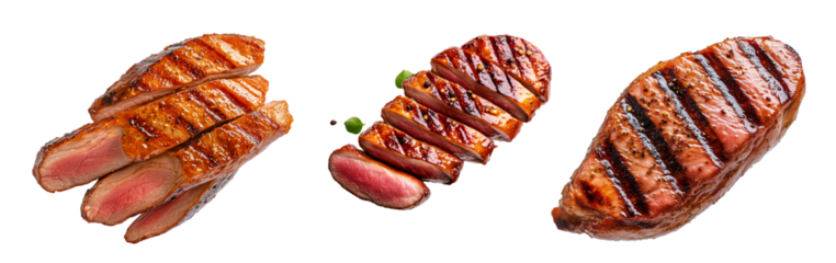 Set of Grilled duck breast seasoned with spices isolated on white transparent background, concept of healthy food and barbecue