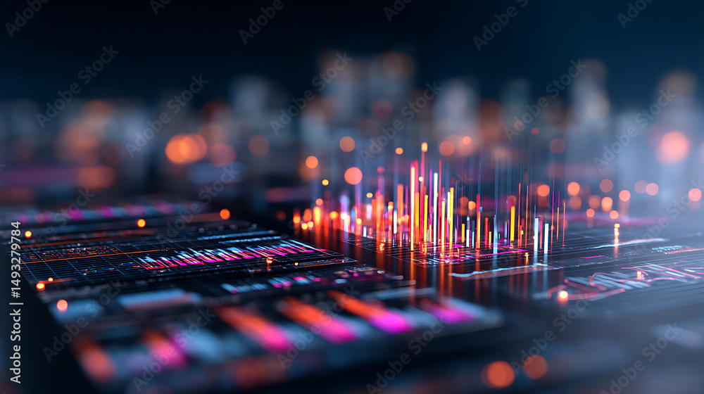 Aufkleber futuristic digital interface showcasing glowing data metrics and network connections on a dark abstr