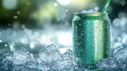 Iced green soda can on ice
