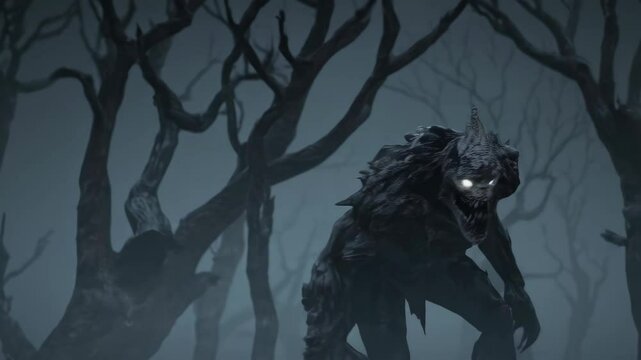 Terrifying AI Generated Monster with Glowing Eyes and Sinister Evil Face Lurking in a Dark Spooky Forest, Perfect for Halloween Horror, Nightmares, and Hellish Character Animation VFX