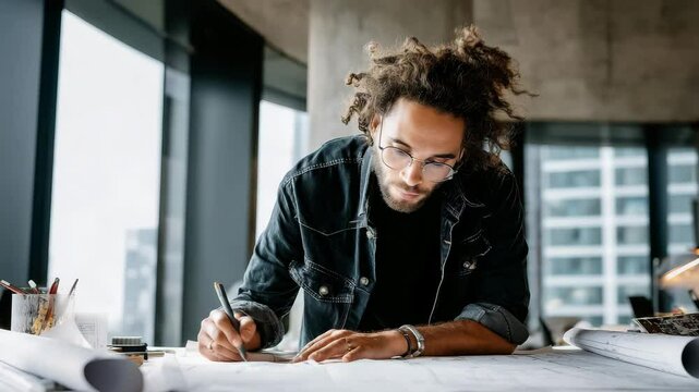 Focused Architect in Denim Jacket Drafting Blueprints at Desk Near Large Windows with City View and Concrete Column in Natural Lighting