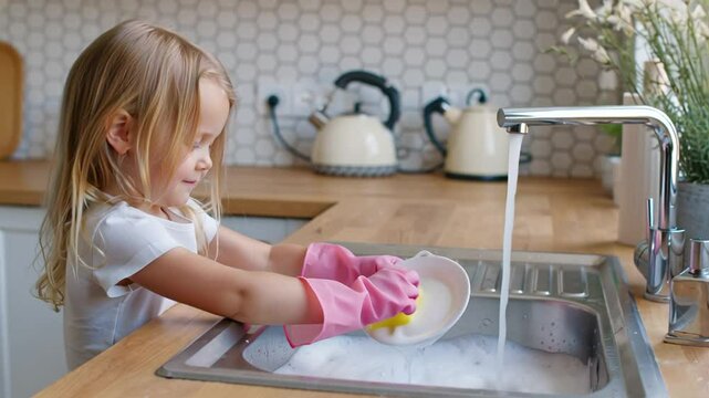 positive little girl washing plate in kitchen sink