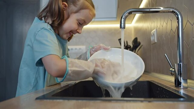 positive little girl washing plate in kitchen sink