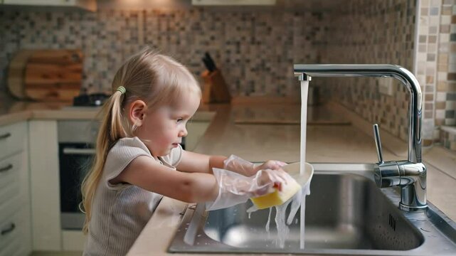 positive little girl washing plate in kitchen sink
