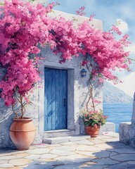 Fototapeta premium Sunny Mediterranean courtyard, bright bougainvillea, blue door, terracotta pots.
