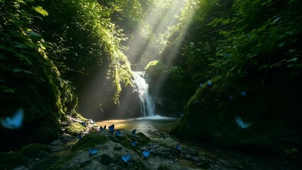 Waterfall Flowing Through Lush Green Forest with Butterflies
