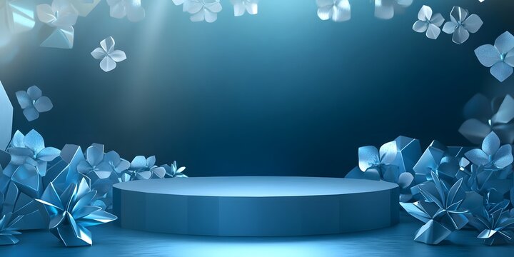 Elegant light-blue podium surrounded by hydrangea blossoms.