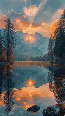 Fototapeta premium Majestic Sunset over Mountain Lake Breathtaking Nature Photography