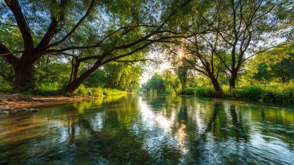 Natural river flowing through lush forest trees captured in a serene landscape scene