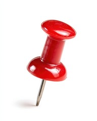 A single red pushpin isolated on a white background.  The vibrant color and simple design make it a perfect image for office supplies or stationery.
