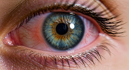 Fototapeta premium Close-up of a bloodshot eye with a blue and gold iris and long l