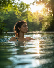 Fototapeta premium Woman enjoying a peaceful swim in a serene river surrounded by lush greenery during sunset