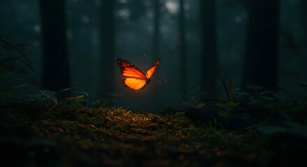 butterfly,  monarch butterfly,  forest, Glowing Butterfly in Dark Forest