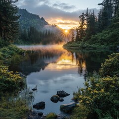 Fototapeta premium Serene Sunrise over Misty Mountain Lake Breathtaking Nature Photography
