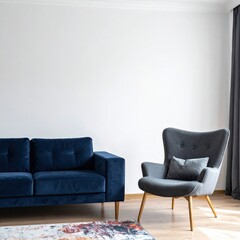 A cozy living room features a vibrant blue couch and matching chair positioned invitingly in front of a large window, allowing natural light to stream in.