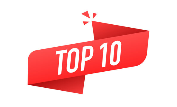 Top 10 word on red ribbon. Business concept. Sale label. Vector illustration