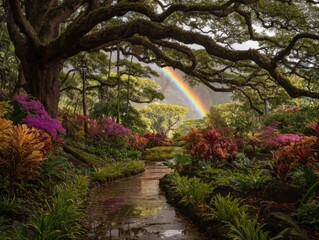 Rainbow over lush tropical garden, eye-level view, reflecting in stream, Kauai, Hawaii, USA, vibrant colors, scenic