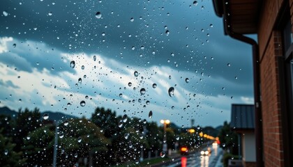 create a captivating image featuring raindrops in various sizes, droplets falling against a stormy sky, with a focus on a single subject placed on the right side of the frame