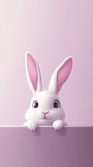 Cute rabbit with long ears poses against a soft purple background