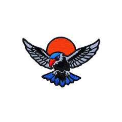 Fototapeta premium Vibrant embroidered patch design features stylized bird with outstretched wings against red sun backdrop, showcasing intricate details and bold colors