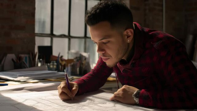 Focused Young Man Drawing Architectural Plans at Wooden Desk Near Window with Brick Wall Background in Natural Lighting
