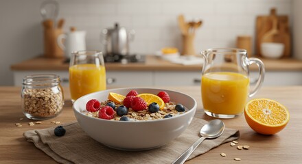 Oatmeal Bowl Topped with Fresh Berries and Orange Slices on Wood