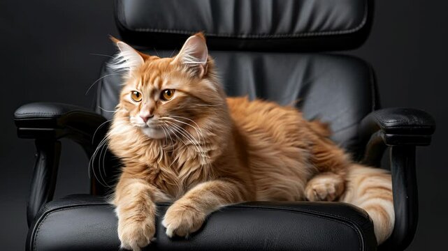 A Maine Coon cat lounges comfortably on an office chair, showcasing its fluffy coat and striking features against a dark backdrop