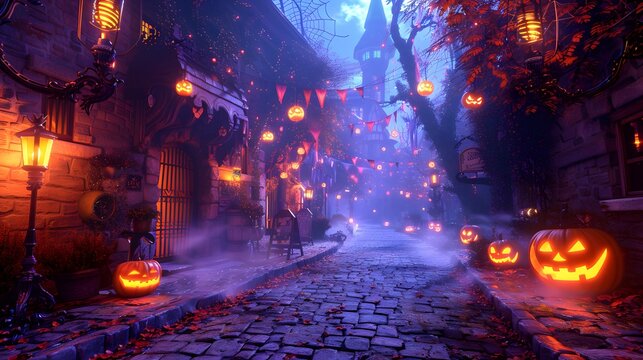 Fantasy Halloween Street with Glowing Jack-o'-Lanterns and Gothic Atmosphere
