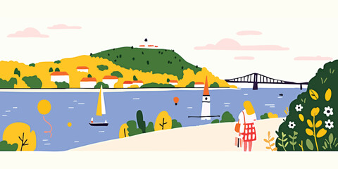 A woman strolls along a scenic waterfront path, enjoying a peaceful vista of a picturesque European town on a sunny day.