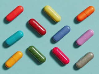 Colorful Capsules Arranged on Blue Background Overhead Studio Shot of Medication Supplements Vitamins Pills Healthcare