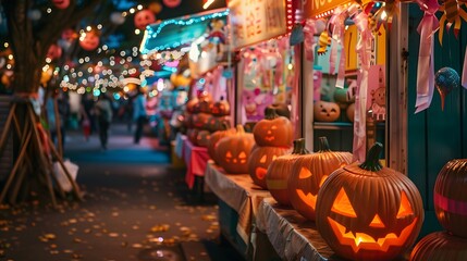 Obraz premium Dreamy Halloween Night Market with Glowing Jack-o'-Lanterns and Colorful Stalls 