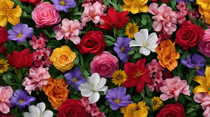 Fototapeta premium A vibrant and captivating tapestry of colorful flowers, including roses, lilies, and daisies, creates a stunning and cheerful floral arrangement background design.