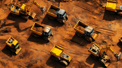 Aerial View of Yellow Dump Trucks and Excavators on Construction Site
