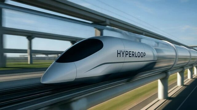 Sleek hyperloop train rapidly travels through an elevated tube, showcasing advanced transportation technology and innovation in modern transit infrastructure
