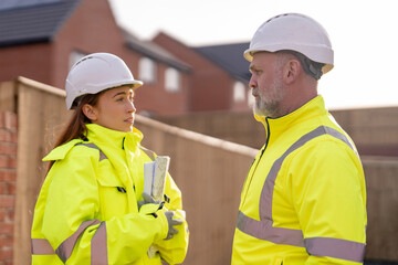 Male construction works project manager and young female site engineer collaborating on-site, discussing project details and future plans at building site